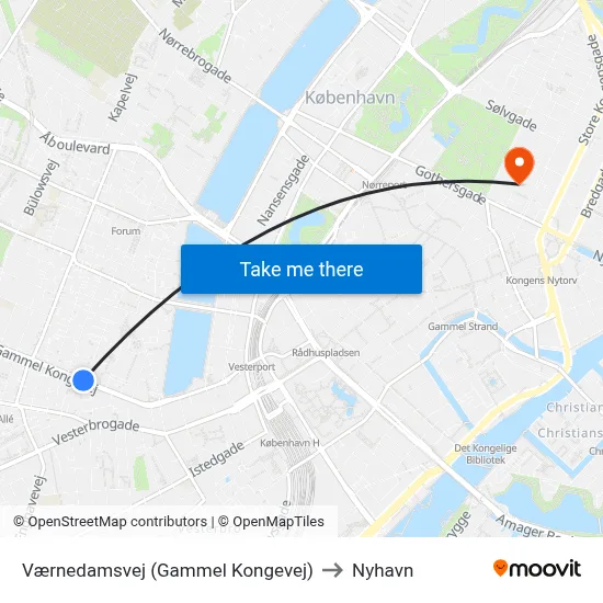 Værnedamsvej (Gammel Kongevej) to Nyhavn map