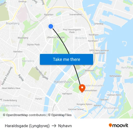 Haraldsgade (Lyngbyvej) to Nyhavn map