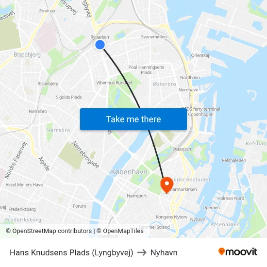 Hans Knudsens Plads (Lyngbyvej) to Nyhavn map