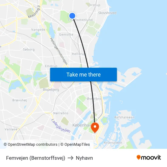 Femvejen (Bernstorffsvej) to Nyhavn map