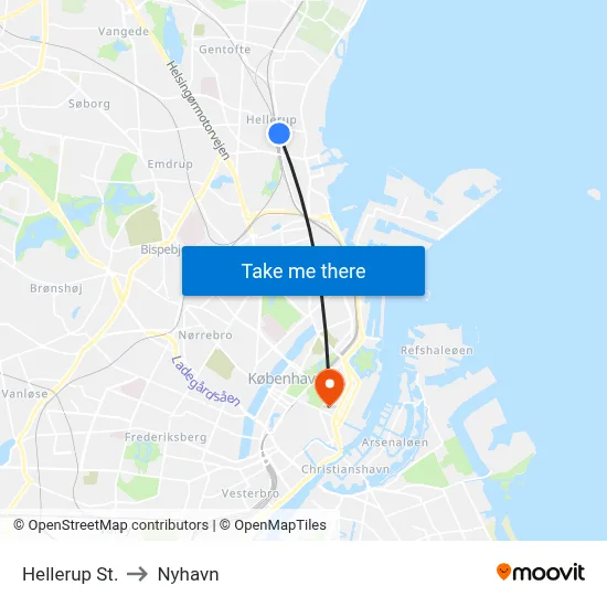 Hellerup St. to Nyhavn map