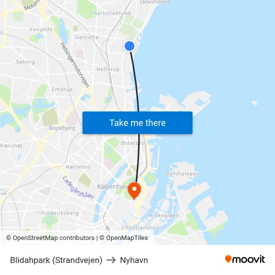 Blidahpark (Strandvejen) to Nyhavn map