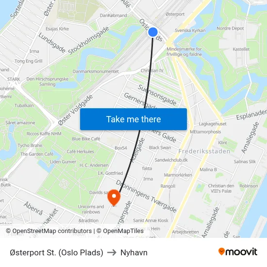 Østerport St. (Oslo Plads) to Nyhavn map