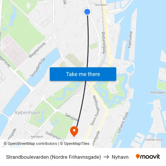 Strandboulevarden (Nordre Frihavnsgade) to Nyhavn map