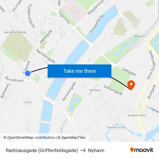 Rantzausgade (Griffenfeldsgade) to Nyhavn map