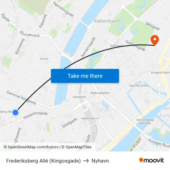 Frederiksberg Allé (Kingosgade) to Nyhavn map