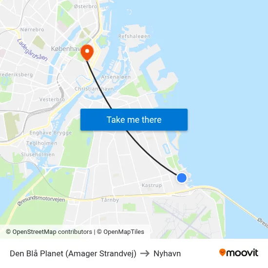 Den Blå Planet (Amager Strandvej) to Nyhavn map