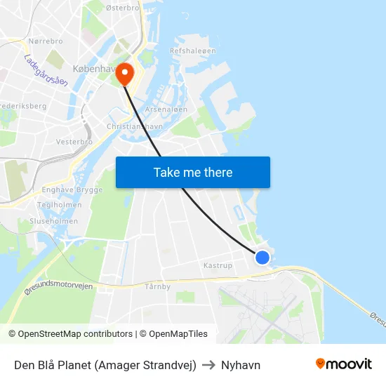Den Blå Planet (Amager Strandvej) to Nyhavn map