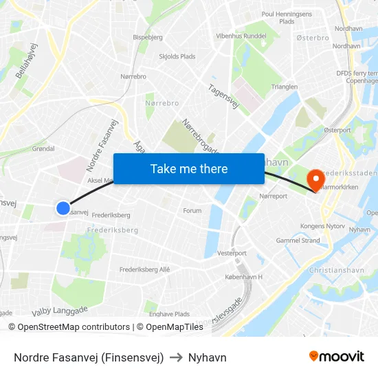 Nordre Fasanvej (Finsensvej) to Nyhavn map