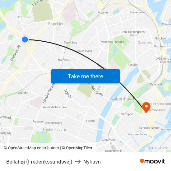 Bellahøj (Frederikssundsvej) to Nyhavn map