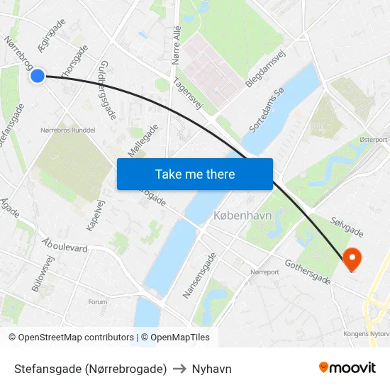 Stefansgade (Nørrebrogade) to Nyhavn map