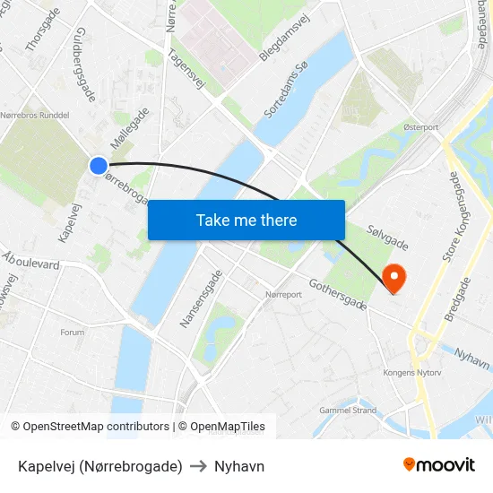 Kapelvej (Nørrebrogade) to Nyhavn map