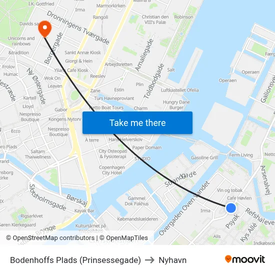Bodenhoffs Plads (Prinsessegade) to Nyhavn map