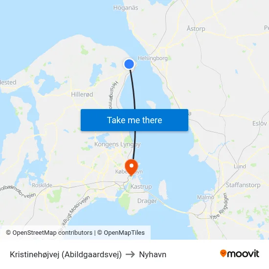 Kristinehøjvej (Abildgaardsvej) to Nyhavn map