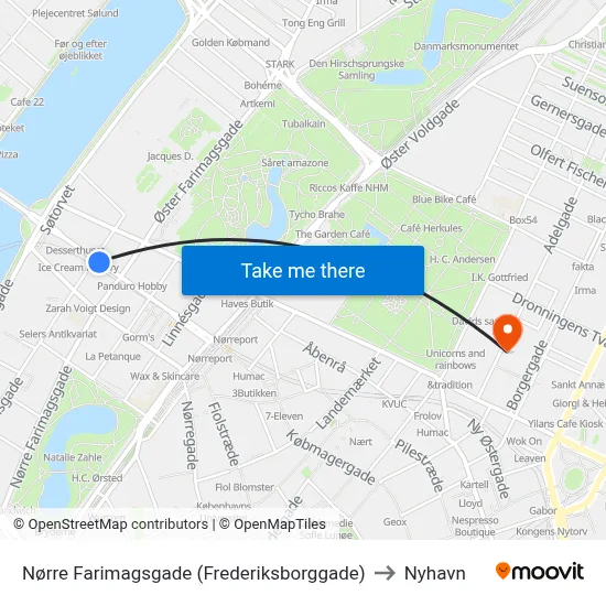 Nørre Farimagsgade (Frederiksborggade) to Nyhavn map