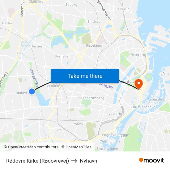 Rødovre Kirke (Rødovrevej) to Nyhavn map
