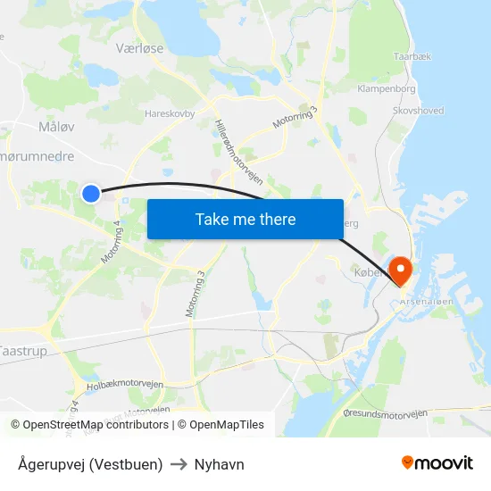 Ågerupvej (Vestbuen) to Nyhavn map