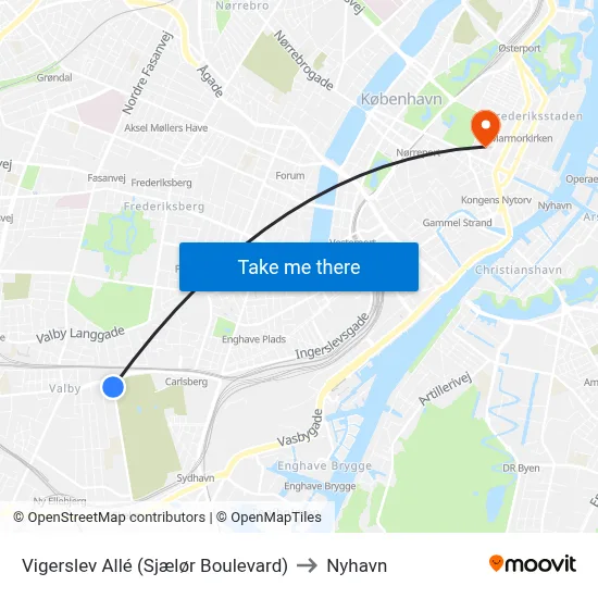 Vigerslev Allé (Sjælør Boulevard) to Nyhavn map