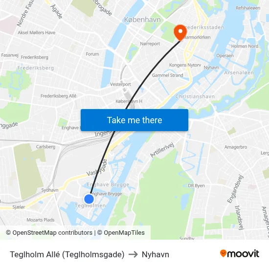 Teglholm Allé (Teglholmsgade) to Nyhavn map