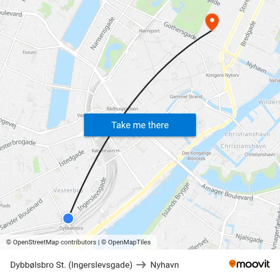 Dybbølsbro St. (Ingerslevsgade) to Nyhavn map