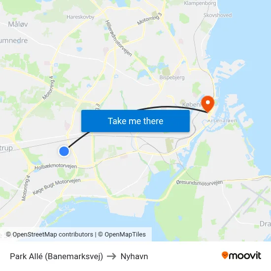 Park Allé (Banemarksvej) to Nyhavn map