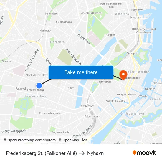 Frederiksberg St. (Falkoner Allé) to Nyhavn map
