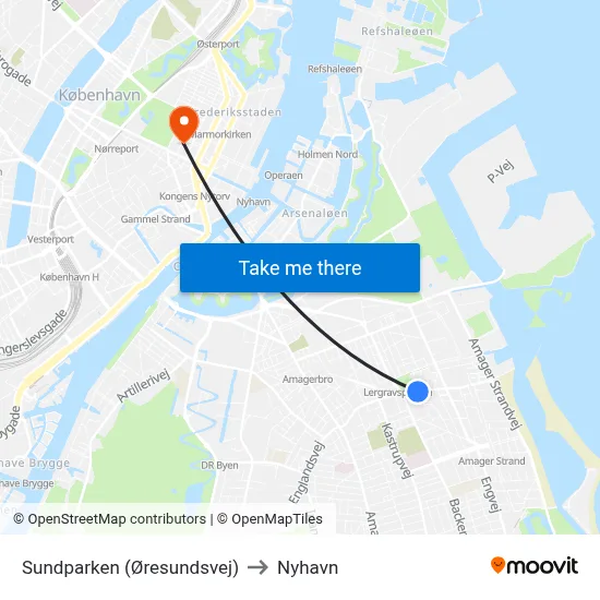 Sundparken (Øresundsvej) to Nyhavn map