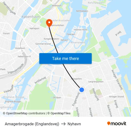 Amagerbrogade (Englandsvej) to Nyhavn map