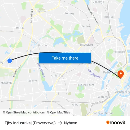 Ejby Industrivej (Erhvervsvej) to Nyhavn map