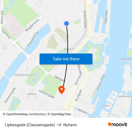 Lipkesgade (Classensgade) to Nyhavn map