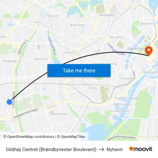 Gildhøj Centret (Brøndbyvester Boulevard) to Nyhavn map