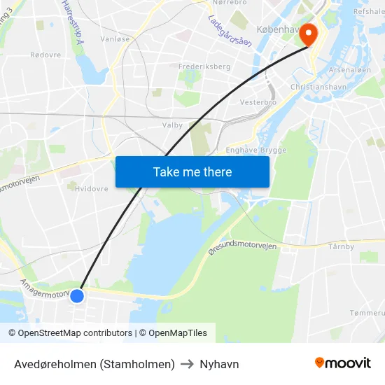Avedøreholmen (Stamholmen) to Nyhavn map