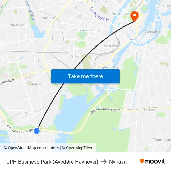 CPH Business Park (Avedøre Havnevej) to Nyhavn map