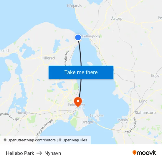 Hellebo Park to Nyhavn map