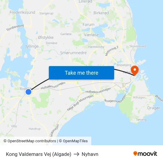 Kong Valdemars Vej (Algade) to Nyhavn map