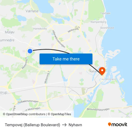 Tempovej (Ballerup Boulevard) to Nyhavn map