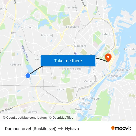 Damhustorvet (Roskildevej) to Nyhavn map