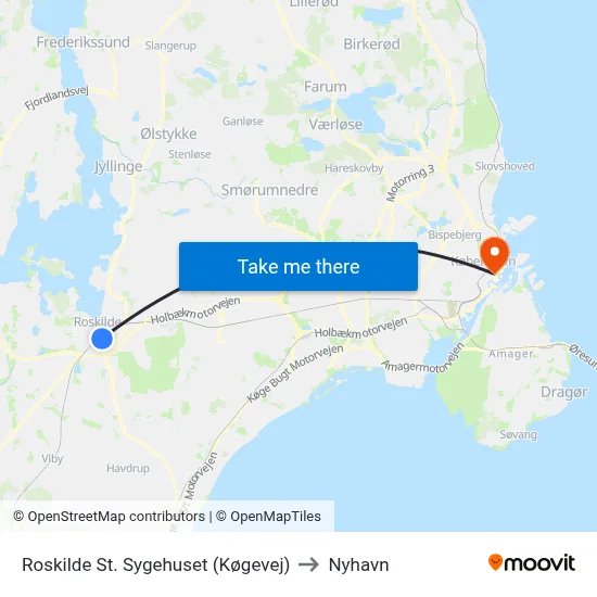 Roskilde St. Sygehuset (Køgevej) to Nyhavn map
