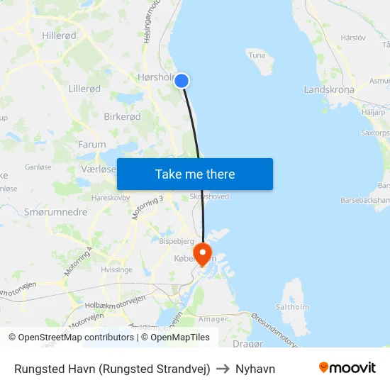 Rungsted Havn (Rungsted Strandvej) to Nyhavn map