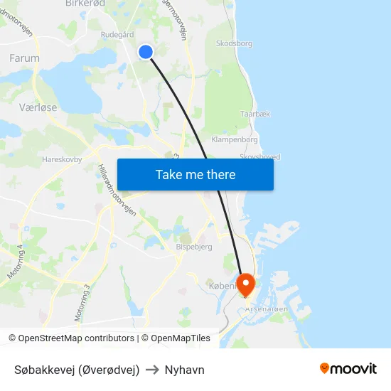 Søbakkevej (Øverødvej) to Nyhavn map