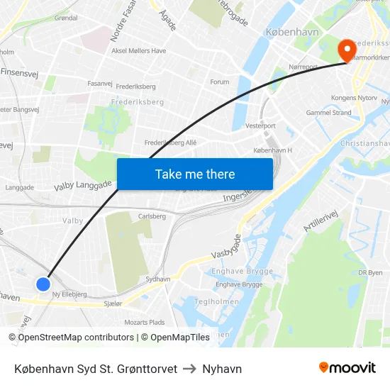 København Syd St. Grønttorvet to Nyhavn map