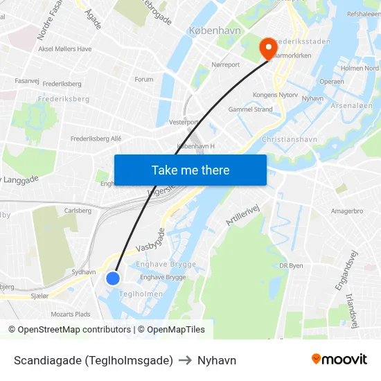 Scandiagade (Teglholmsgade) to Nyhavn map