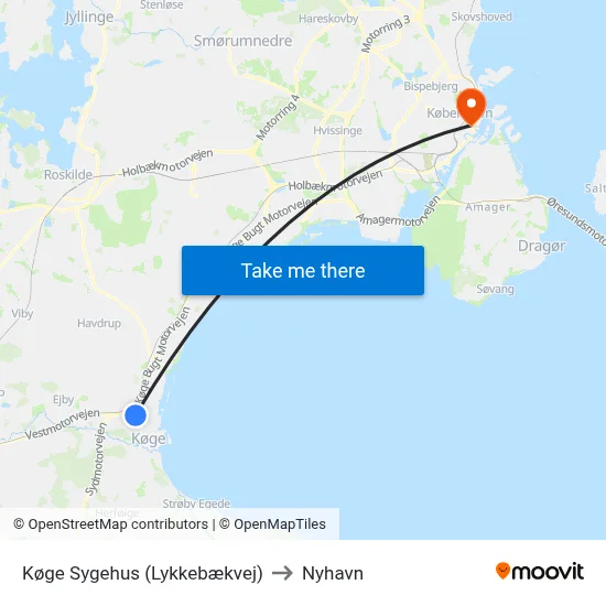 Køge Sygehus (Lykkebækvej) to Nyhavn map