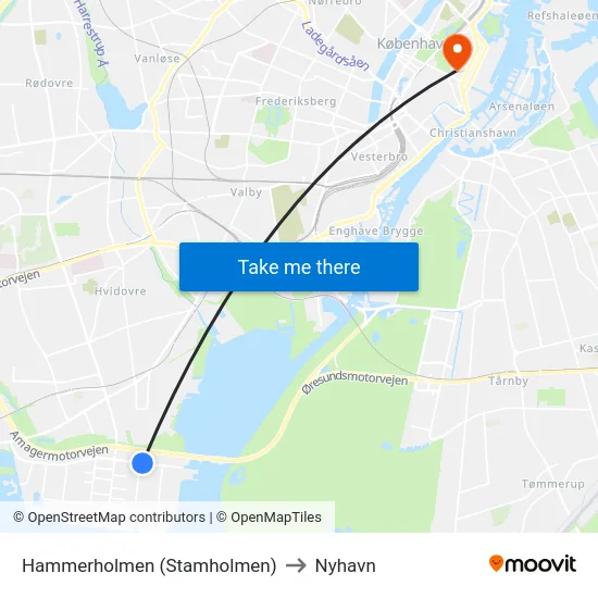Hammerholmen (Stamholmen) to Nyhavn map