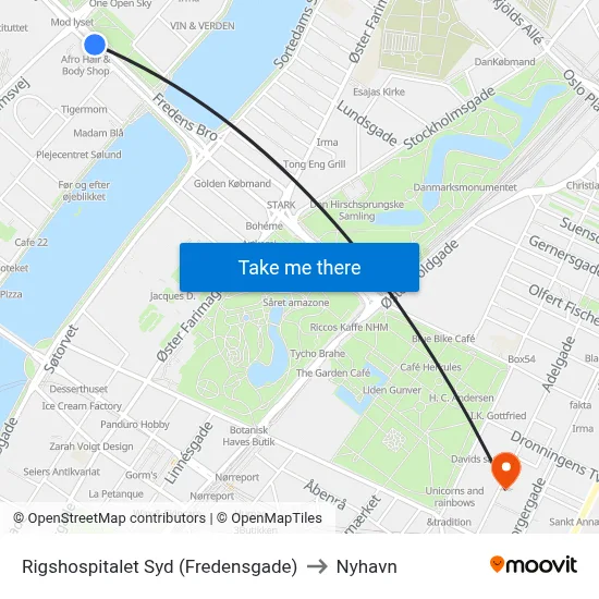 Rigshospitalet Syd (Fredensgade) to Nyhavn map