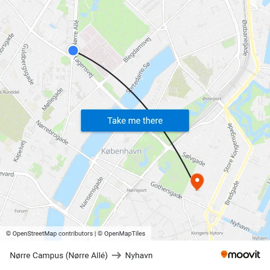 Nørre Campus (Nørre Allé) to Nyhavn map
