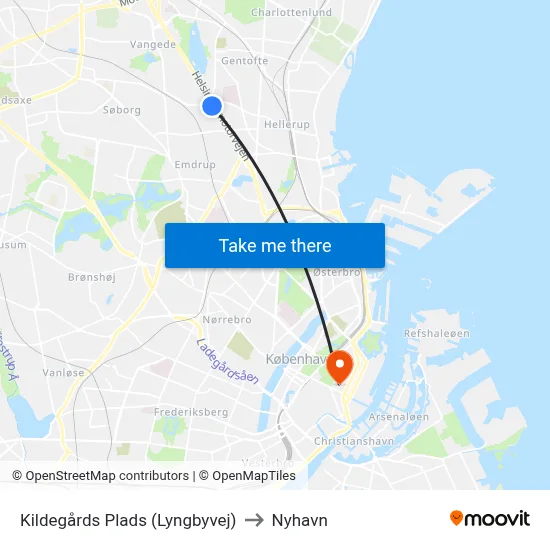 Kildegårds Plads (Lyngbyvej) to Nyhavn map