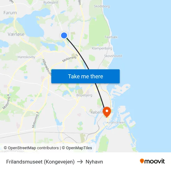 Frilandsmuseet (Kongevejen) to Nyhavn map