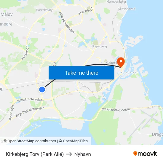 Kirkebjerg Torv (Park Allé) to Nyhavn map