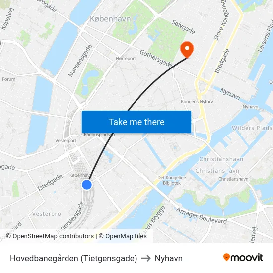 Hovedbanegården (Tietgensgade) to Nyhavn map